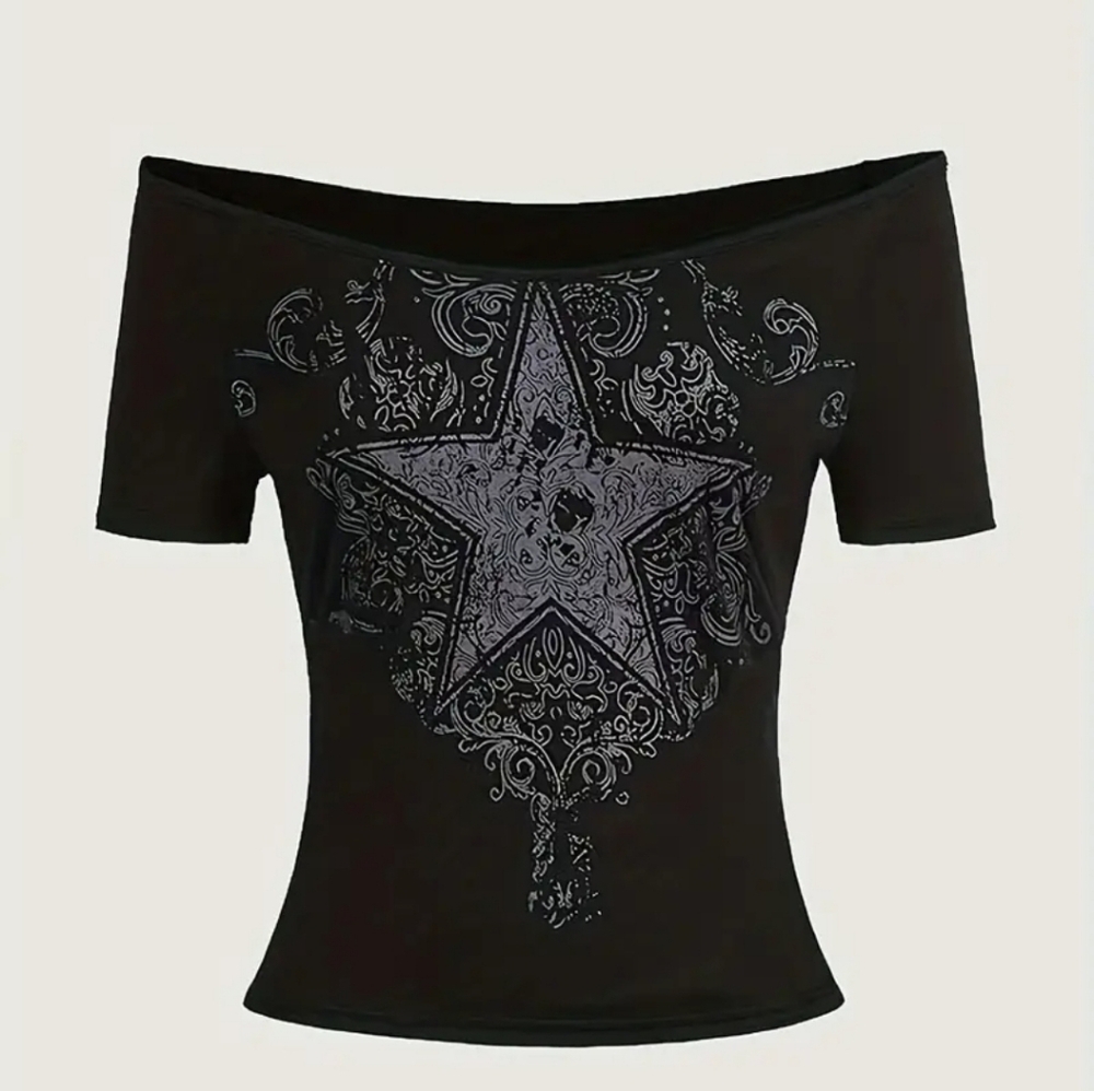 Kawaii Goth Star Print Off Shoulder Crop T-Shirt. Various sizes available